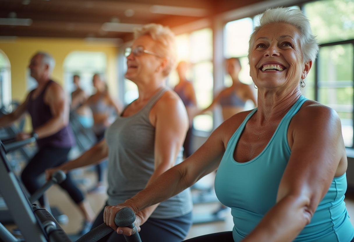 Старші люди займаються фітнесом на природі